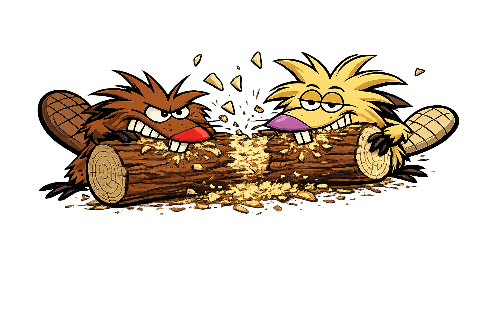 Бобры грызут бревно